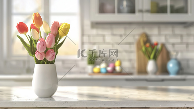 白色厨房桌面上花瓶花朵的摄影14