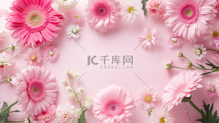 春天粉色平铺树枝花朵的摄影13