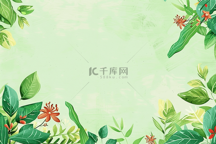 春天植物绿色花朵背景手绘插画