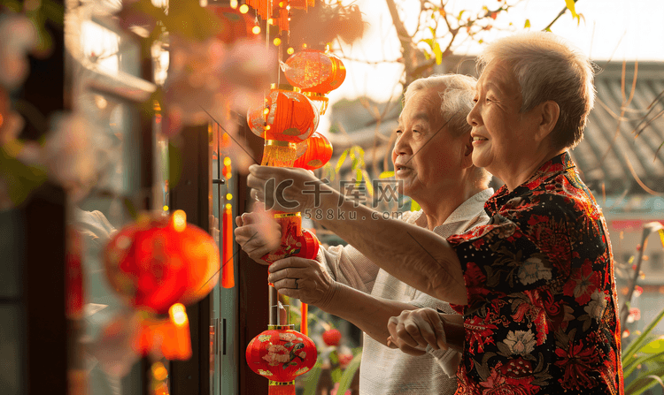 亚洲人中国老年夫妇贴窗花