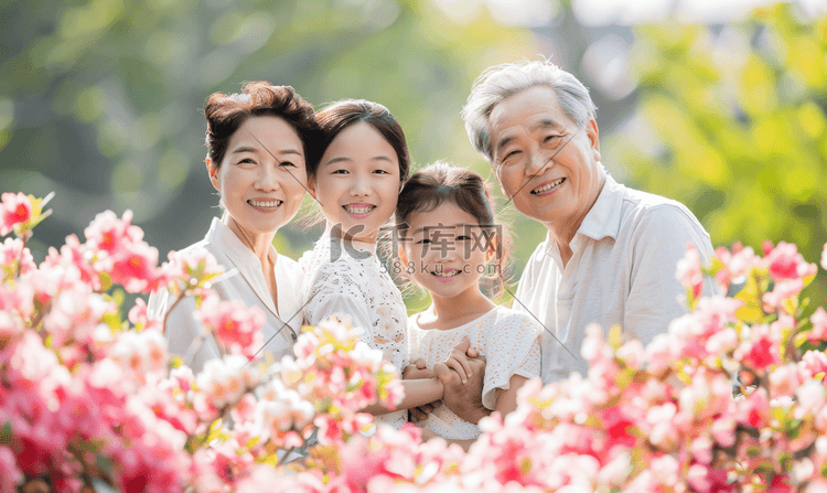 亚洲人站着花丛中的快乐一家人