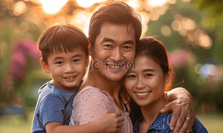 亚洲人幸福的一家人在郊外