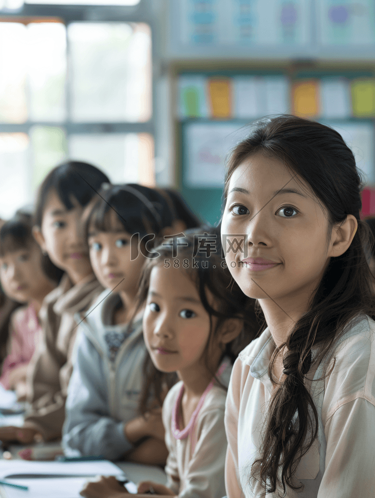 亚洲人女教师和小学生在教室里