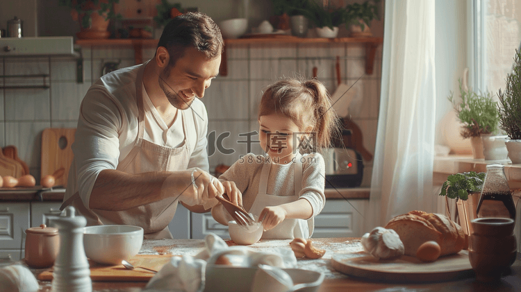 父亲在厨房指导女儿做饭亲子互动