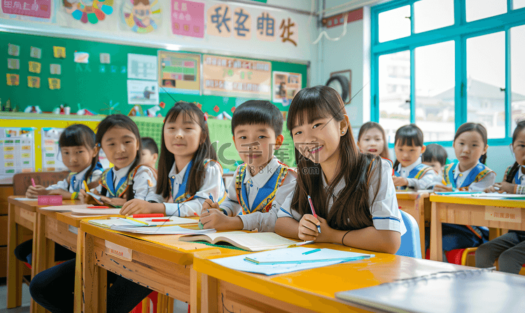 亚洲人老师和小学生们在教室里人