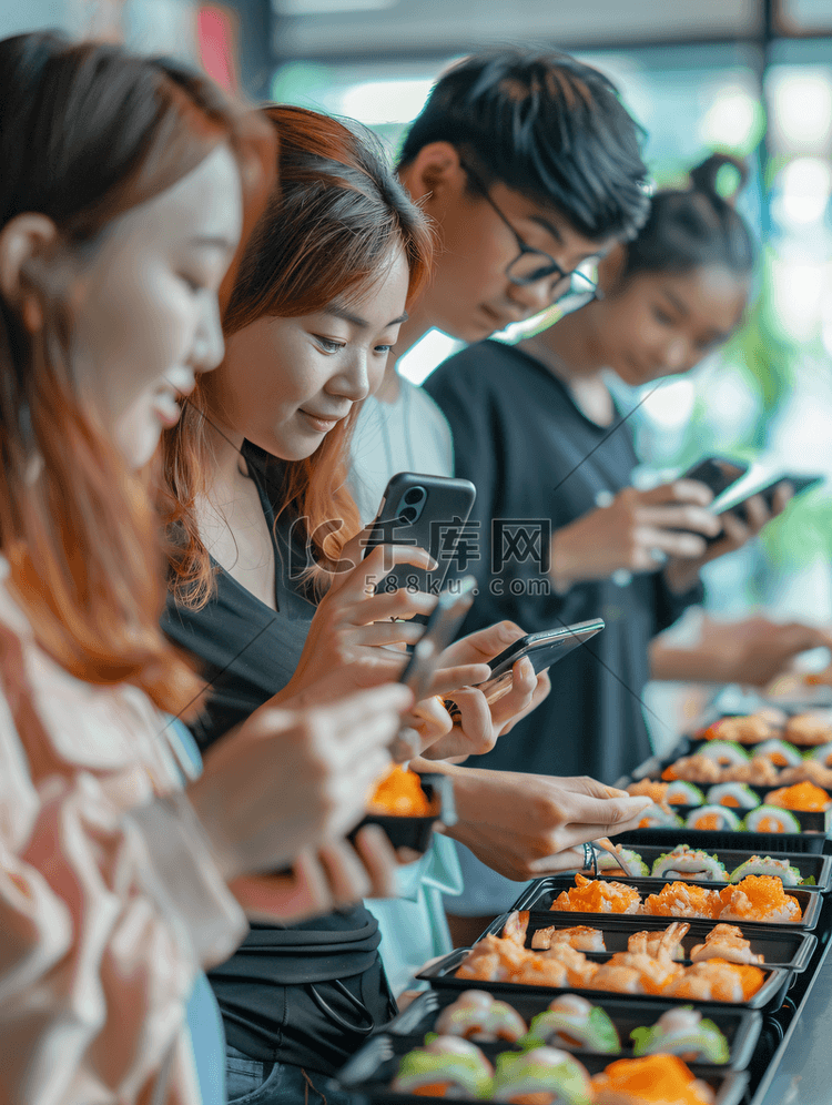 亚洲人青年朋友用手机给美食拍照
