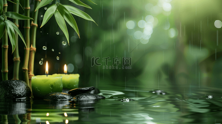 绿色风景区竹林河水流动蜡烛的背