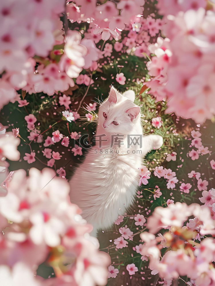 樱花树下白色的猫照片