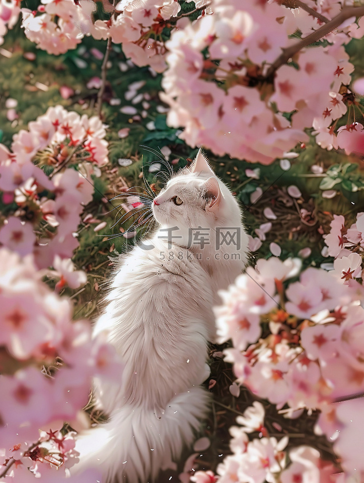 樱花树下白色的猫高清摄影图