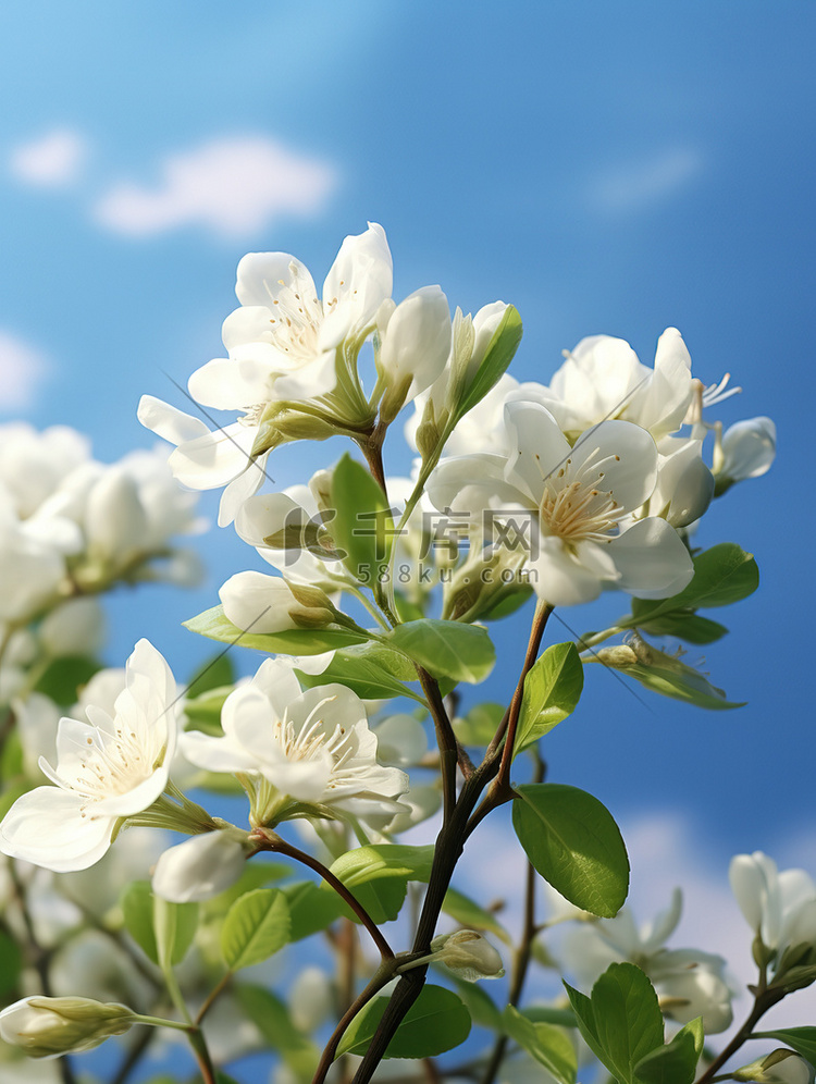 白色茉莉花淡蓝色天空摄影图