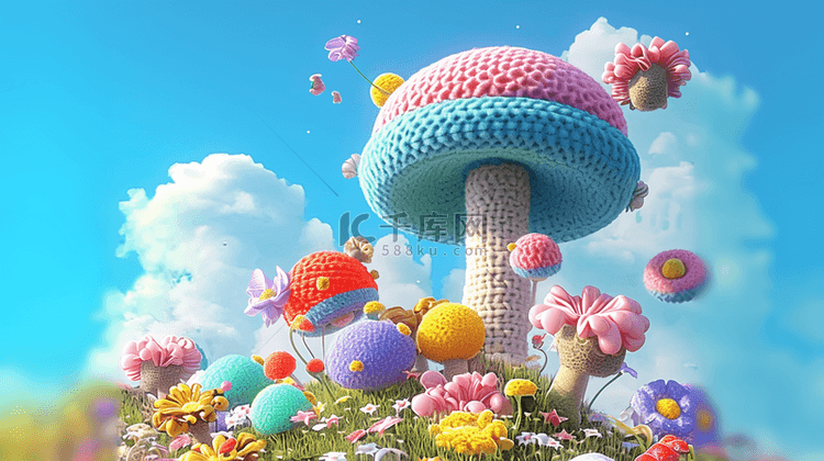 春天可爱卡通毛线蘑菇童话蘑菇屋