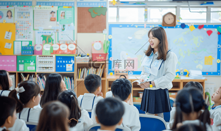 亚洲人女教师和小学生们在教室里
