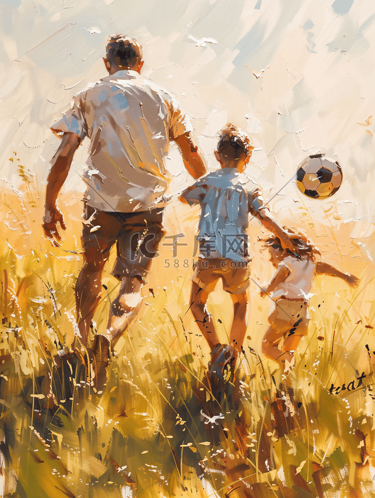 父亲陪孩子一起踢足球