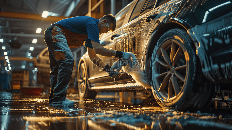 汽车修理工在清洗汽车