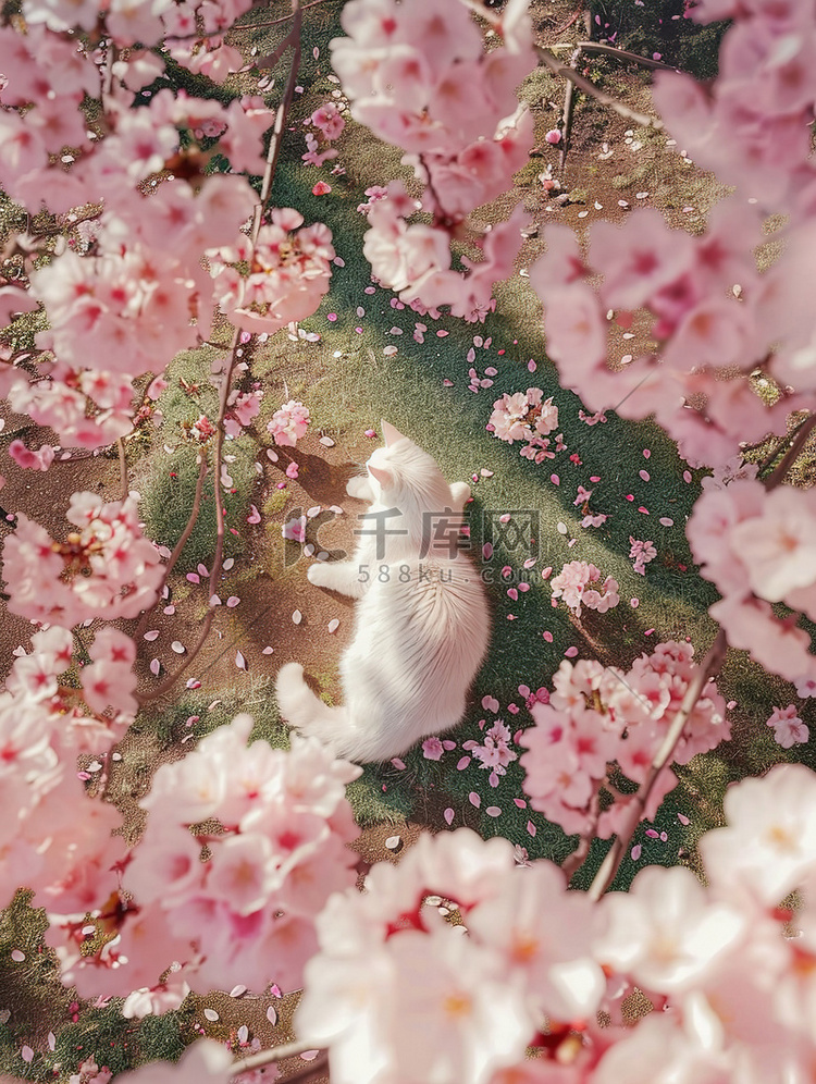 樱花树下白色的猫摄影图