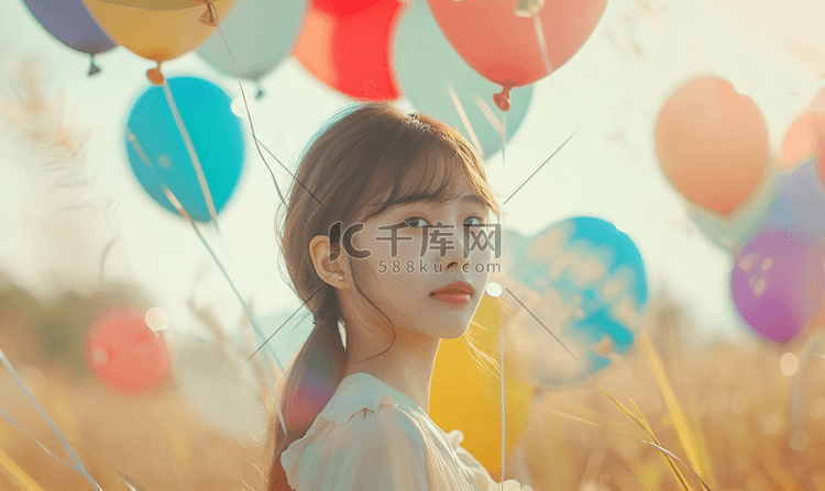 亚洲人漂亮的年轻女孩和气球
