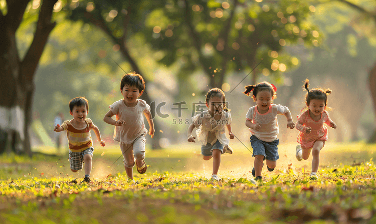 亚洲人小朋友们在公园里快乐奔跑
