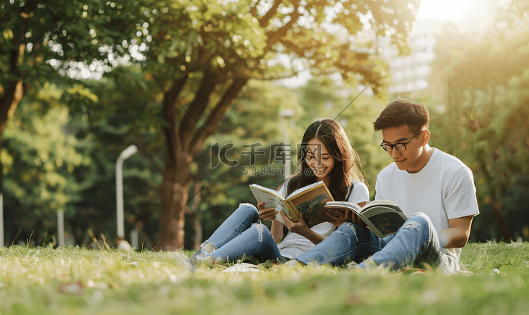 青年情侣户外阅读