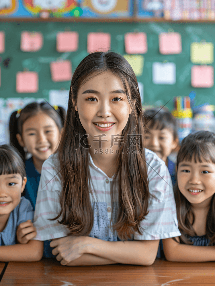 亚洲人女教师和小学生们在教室里