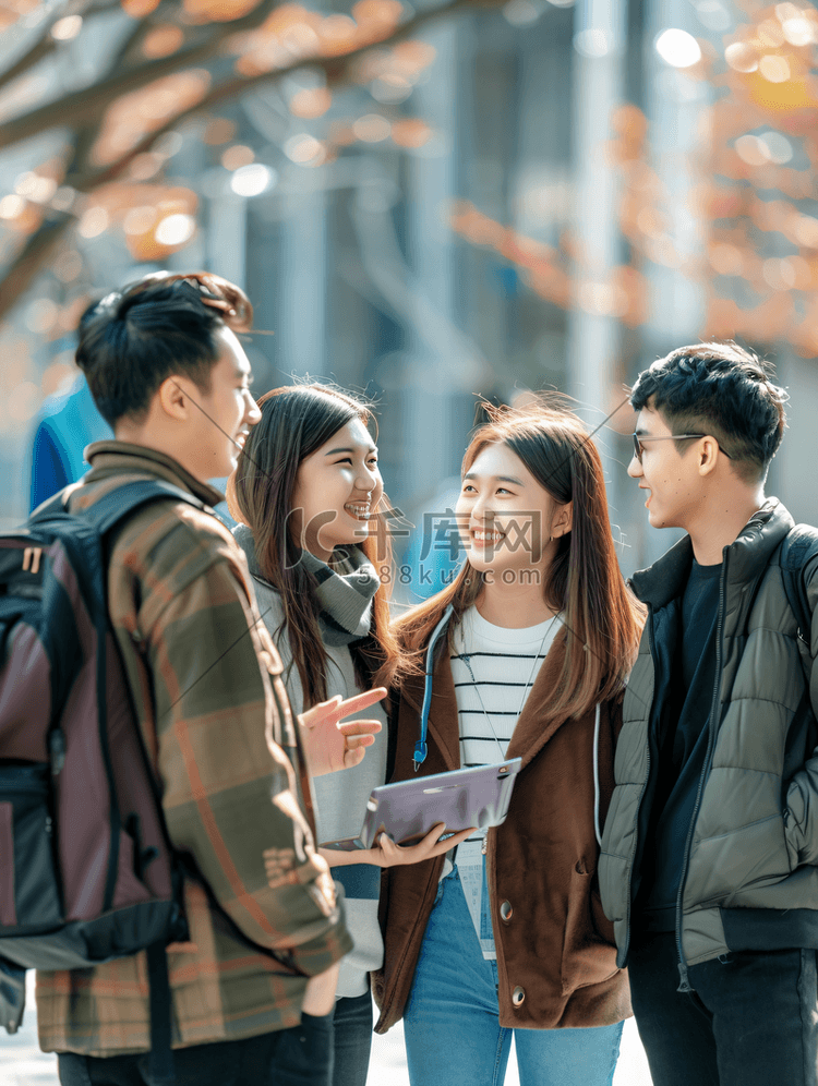 亚洲人四个大学生在校园里聊天