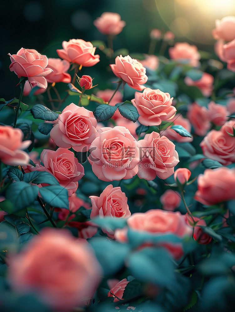 粉红色的玫瑰园春天浪漫摄影照片