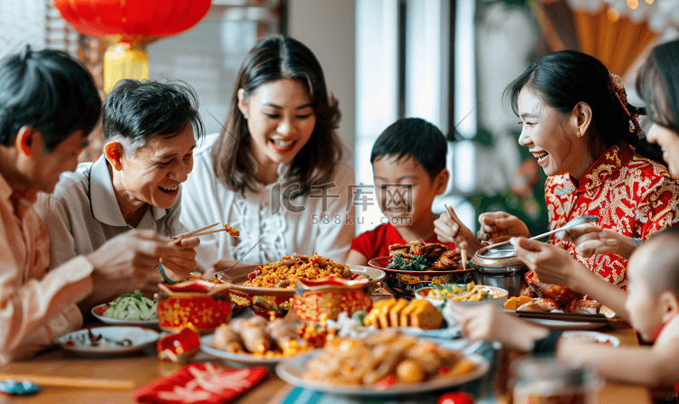 亚洲人幸福家庭过年吃团圆饭