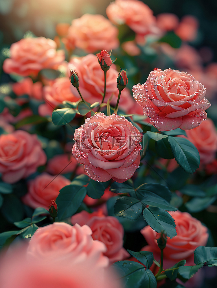 粉红色的玫瑰园春天浪漫摄影图
