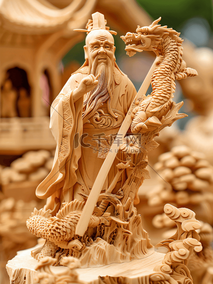 亚洲人认真雕刻的工匠师与工艺品