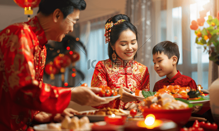亚洲人幸福家庭过年吃团圆饭