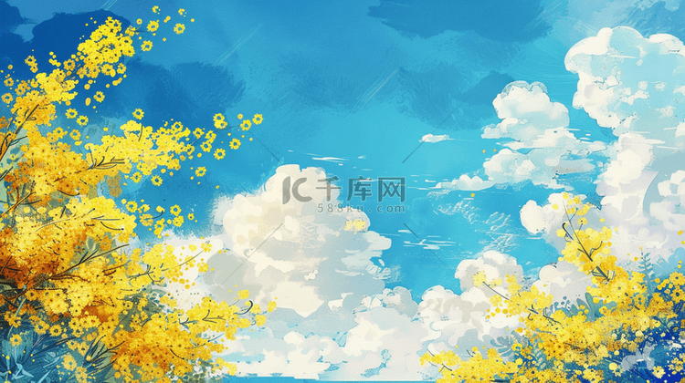 蓝天白云田野黄色花朵装饰背景