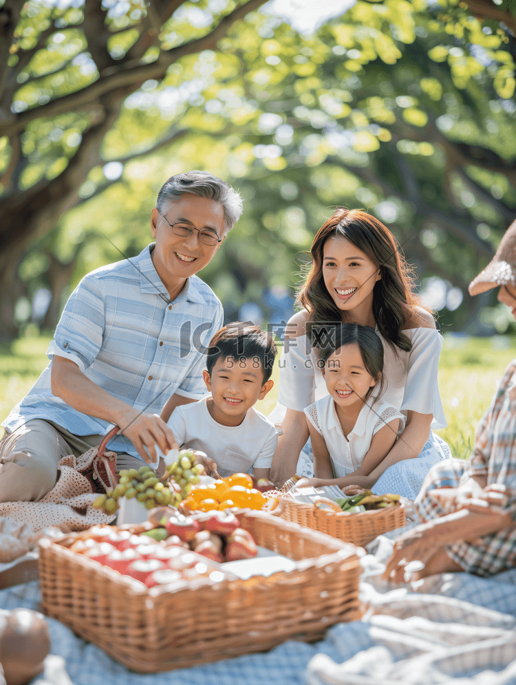 亚洲人快乐的一家人在郊外野餐