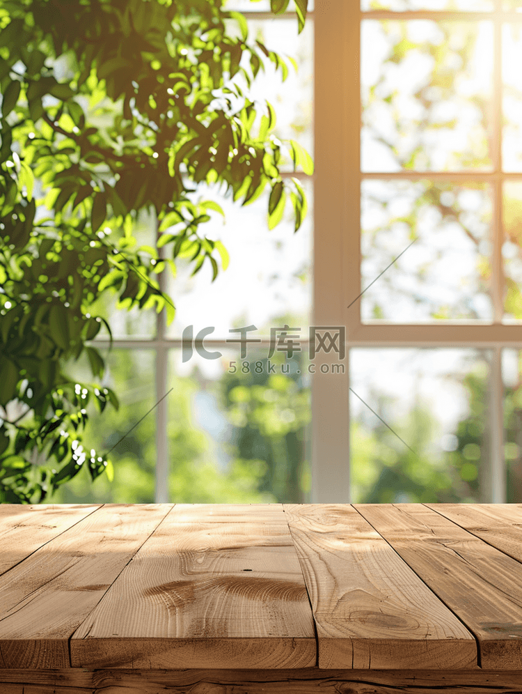 窗幕抽象模糊背景的空木桌顶部用