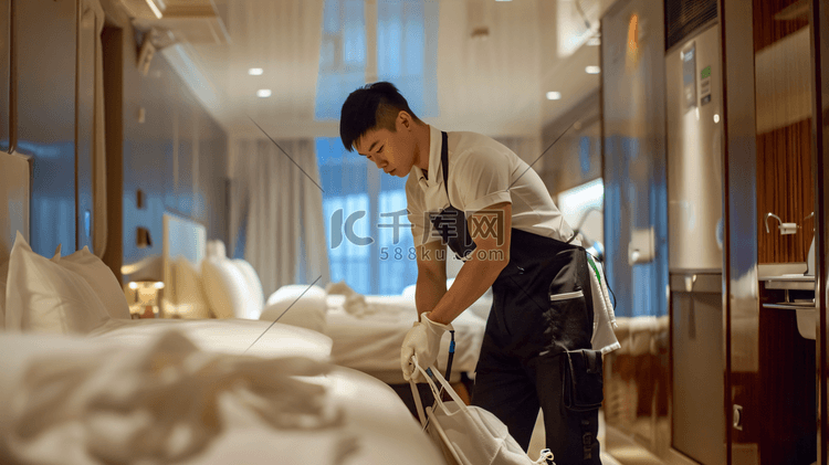 酒店服务员正在打扫客房