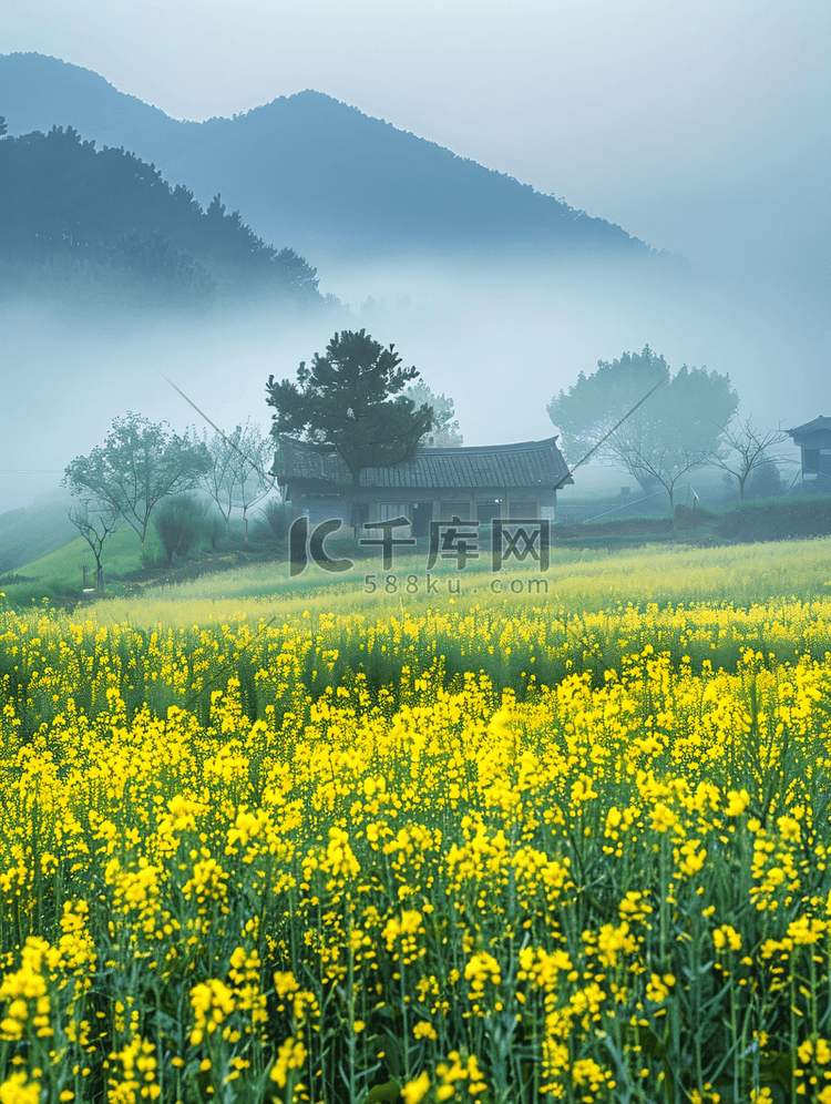 油菜田中，晨雾在罗平，中国油菜