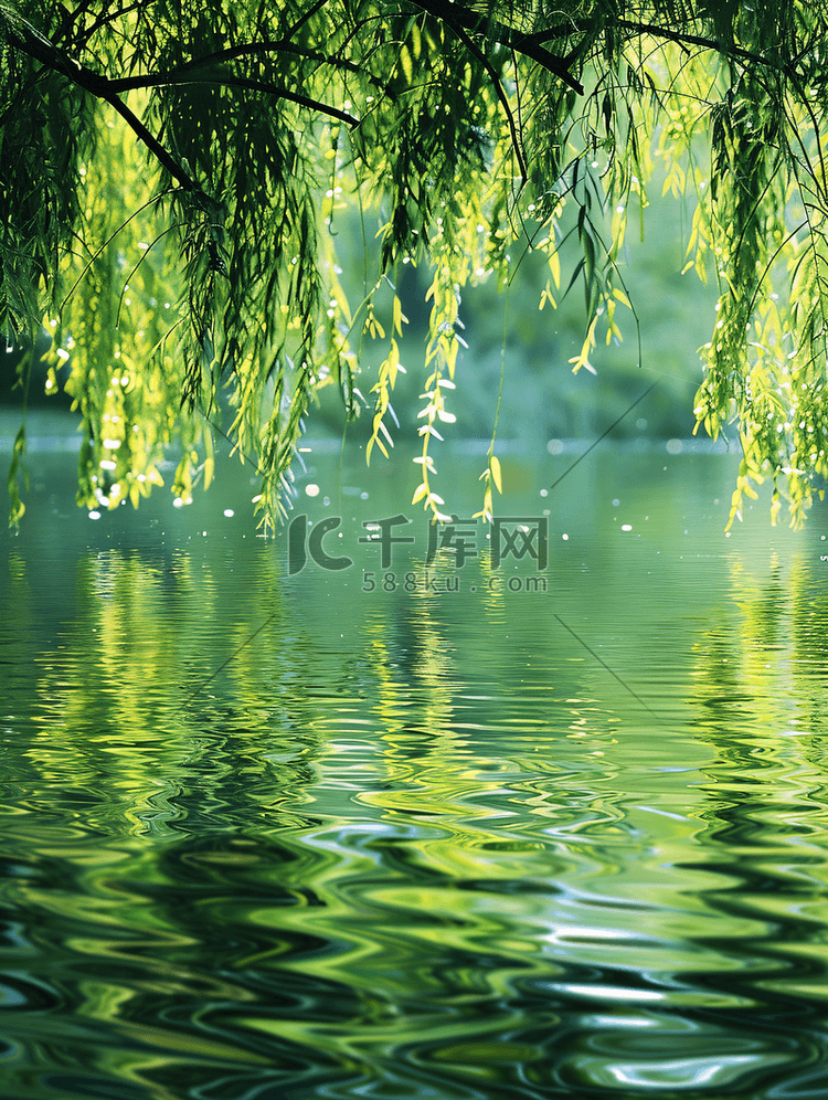 水面上的柳枝夏天柳叶河边垂柳摄