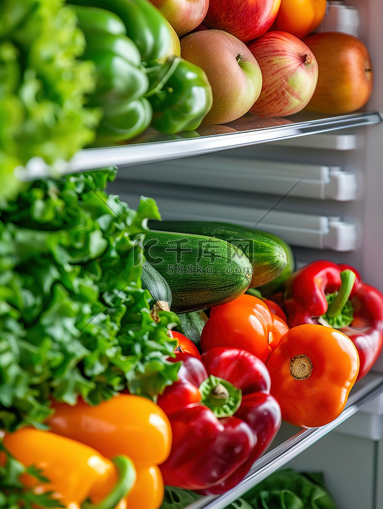 冰箱存放的水果蔬菜高清摄影图