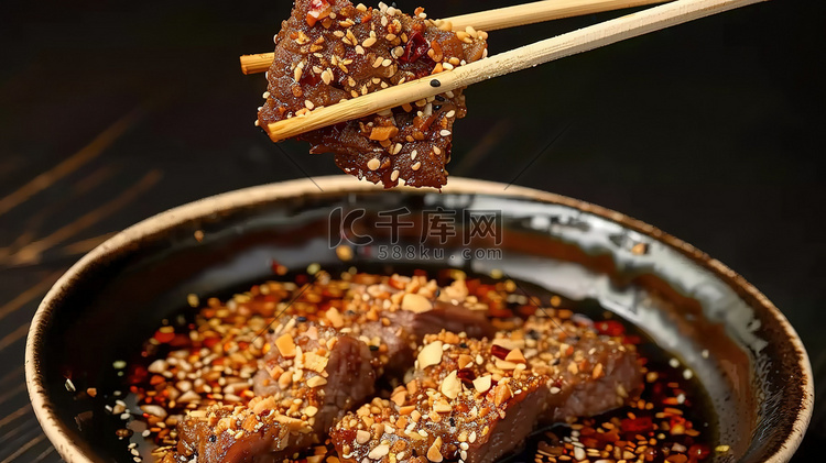 筷子夹着一块肉烧烤蘸酱图片