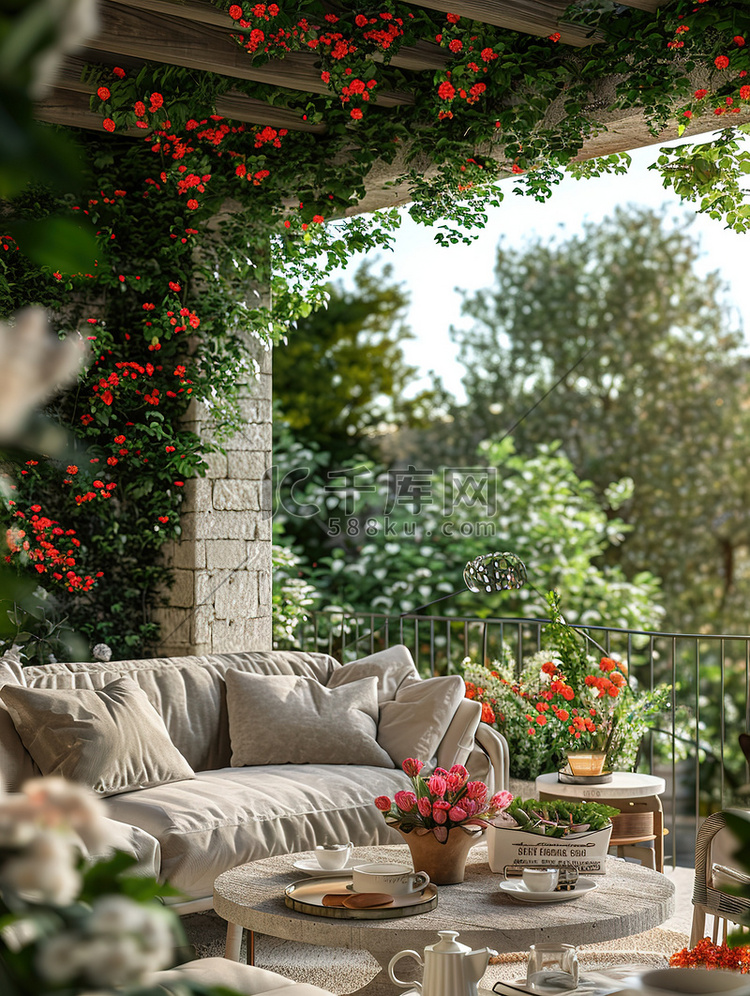 露台阳光沙发花朵绿色植物高清图