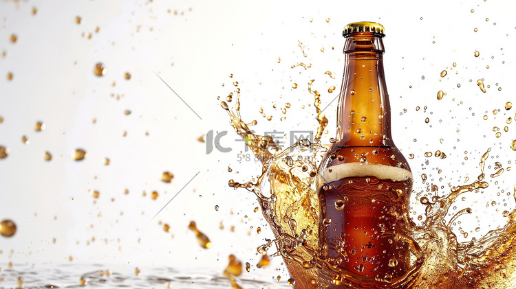 啤酒饮料从瓶子里飞溅摄影图
