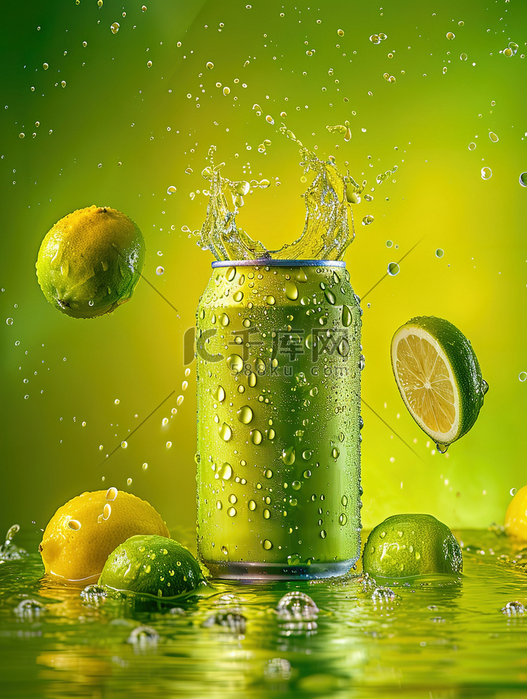 绿色软饮料罐柠檬果汁高清摄影图