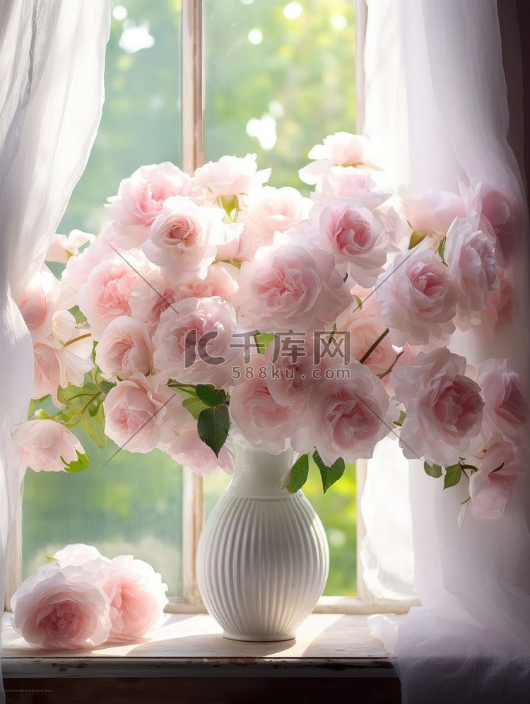梦幻玫瑰粉红色窗台高清摄影图