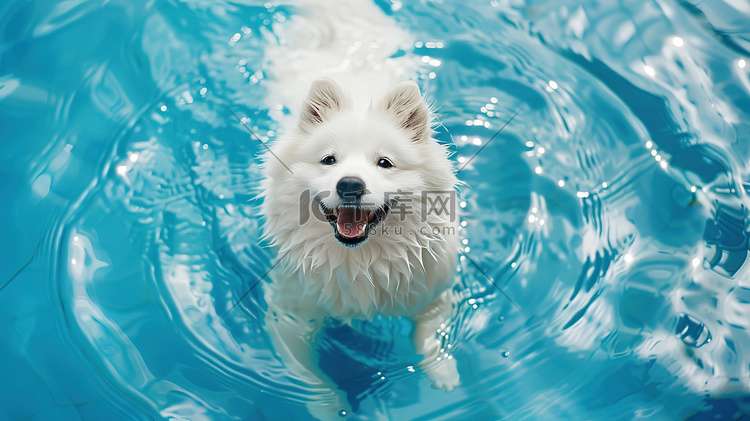 一只小狗在泳池游泳摄影照片