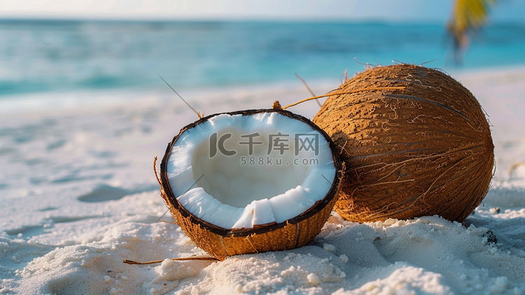 沙滩椰子立体描绘摄影照片