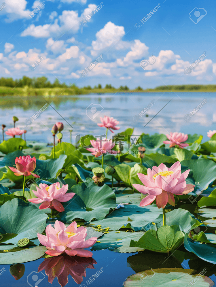 夏日湖畔荷花盛开绿意盎然摄影图