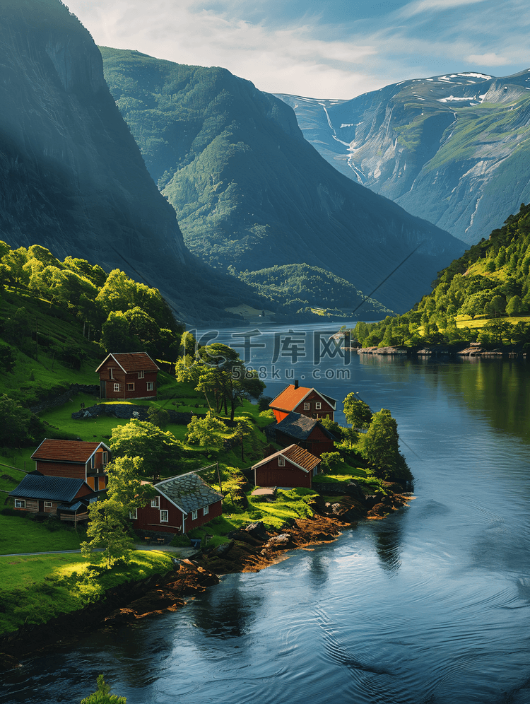 群山河流夏天高山流水山村自然景