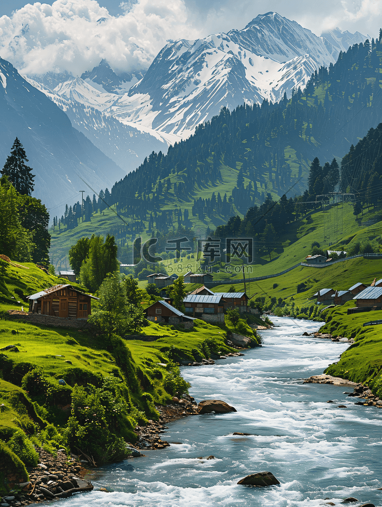 群山河流夏天高山流水山村自然景