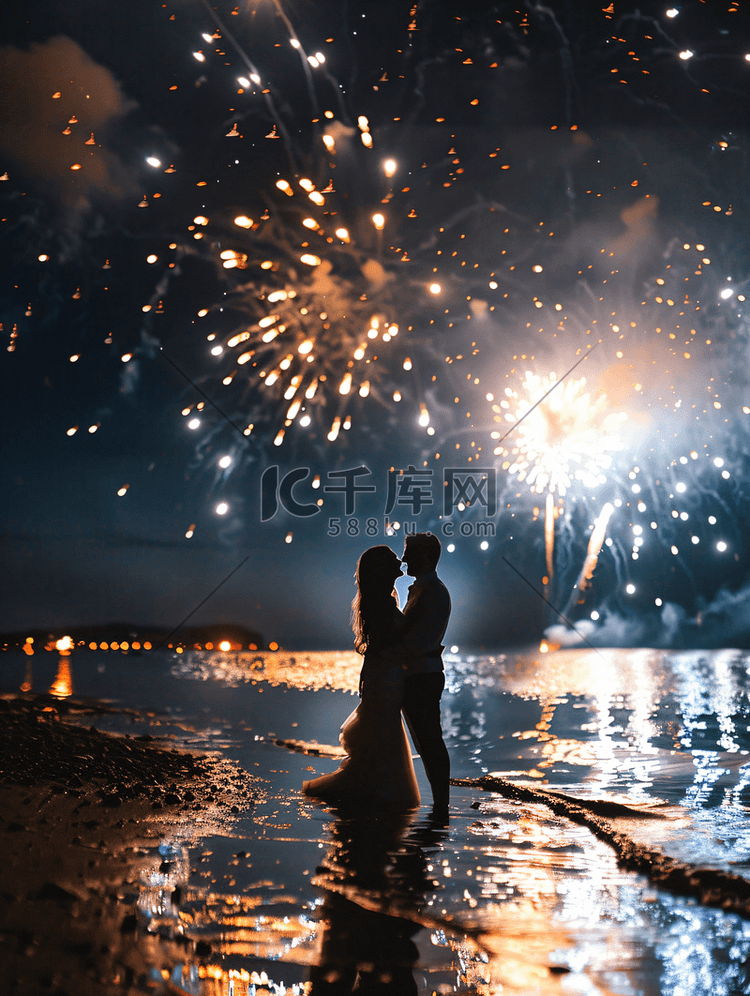 情侣放烟花面相大海夜景拍摄