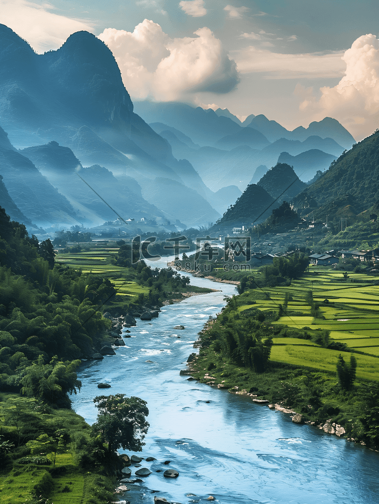 群山河流夏天高山流水山村自然景