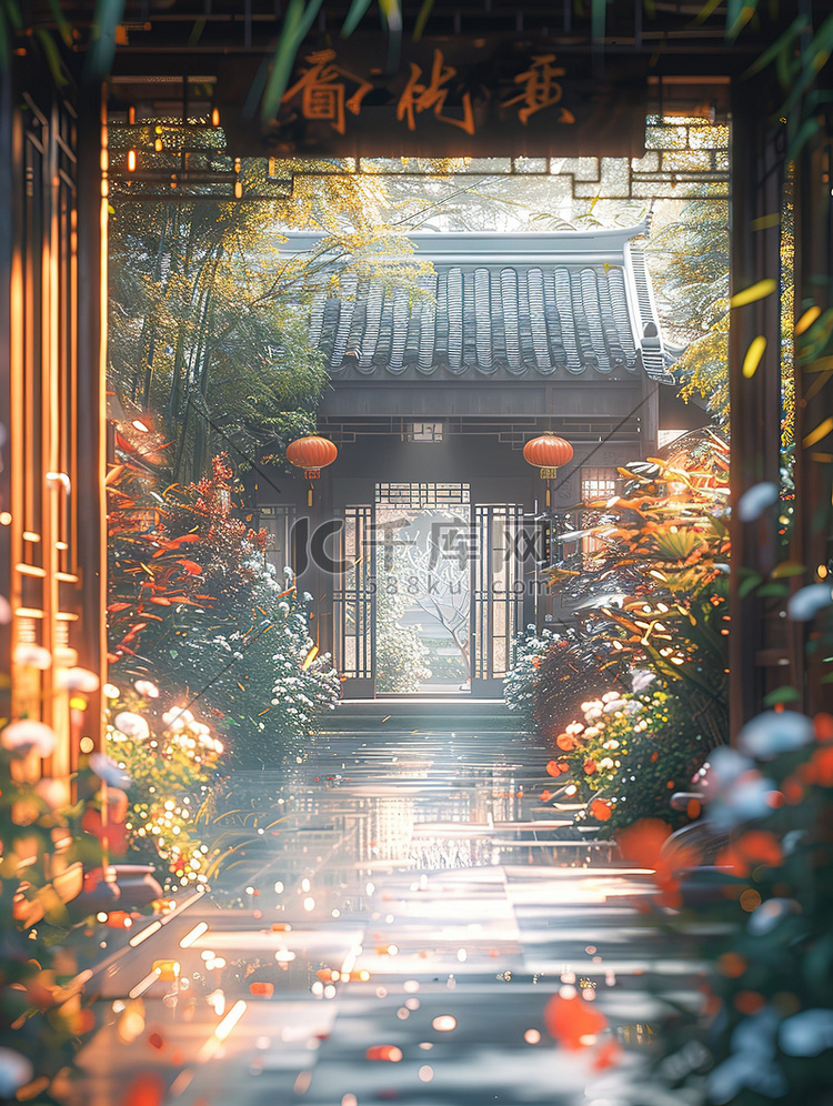 中式庭院木雕门框摄影图