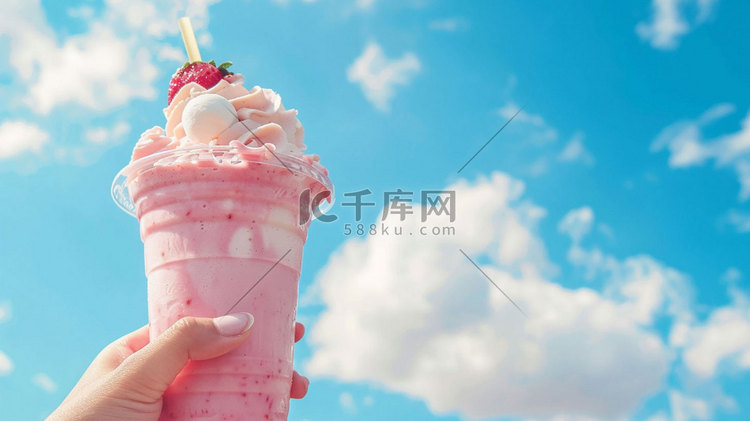 草莓冰淇淋奶盖立体描绘摄影照片